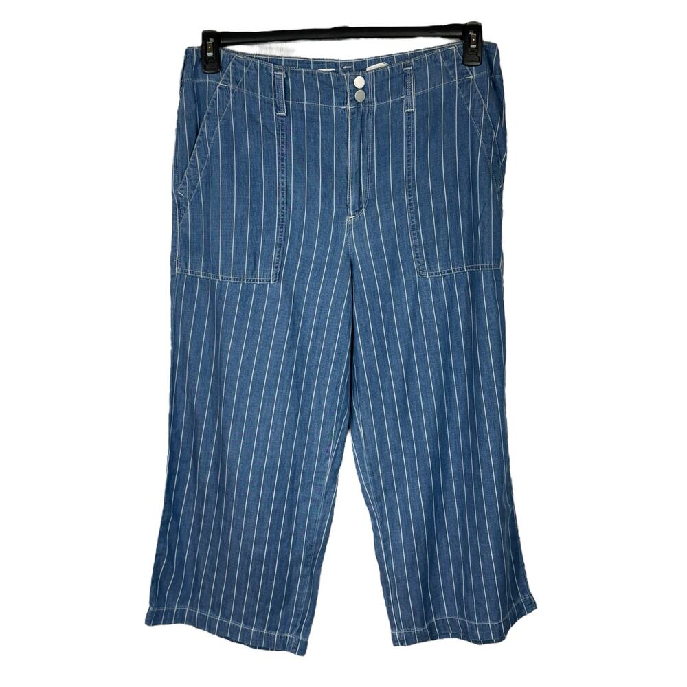 Seven7 SZ 14 Wide Leg Crop Pants Striped Chambray Pockets Hi-Rise Zip-Fly Blue